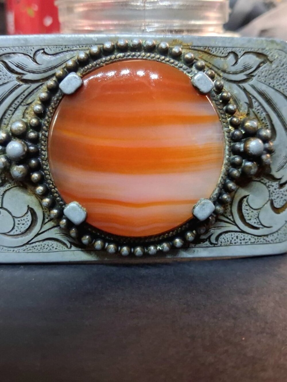Vintage Western Belt Buckle Silver Tone Floral Engraved Orange Banded Agate